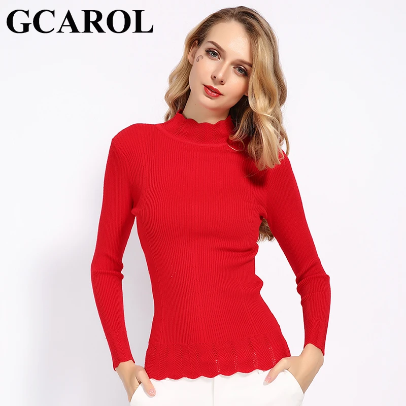 Женский свитер с оборками GCAROL, эластичный вязаный джемпер с воротником-стойкой в офисном стиле, размеры S-XL, пуловер на осень и зиму
