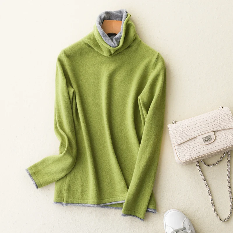real wool sweater turtleneck winter women's patchwork double layer high collar warm pullover female long sleeves casual sweaters