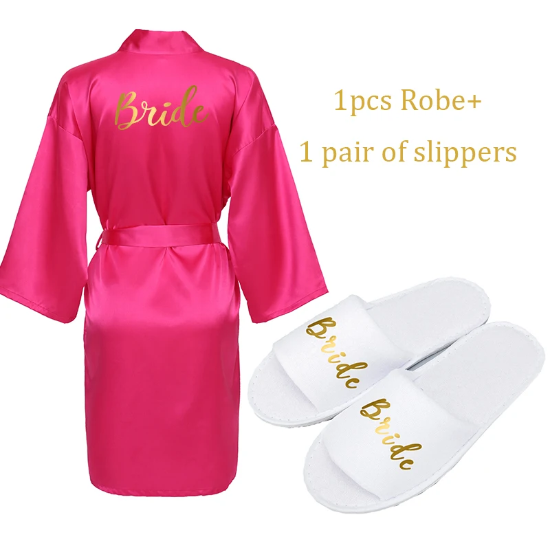 Hot Pink Owiter/Коллекция года; Бордовое платье; атласный шелковый халат и тапочки; Свадебный банный халат; одежда для невесты и подружки невесты; женское кимоно; вечерние Халаты; подарки - Цвет: Hot Pink