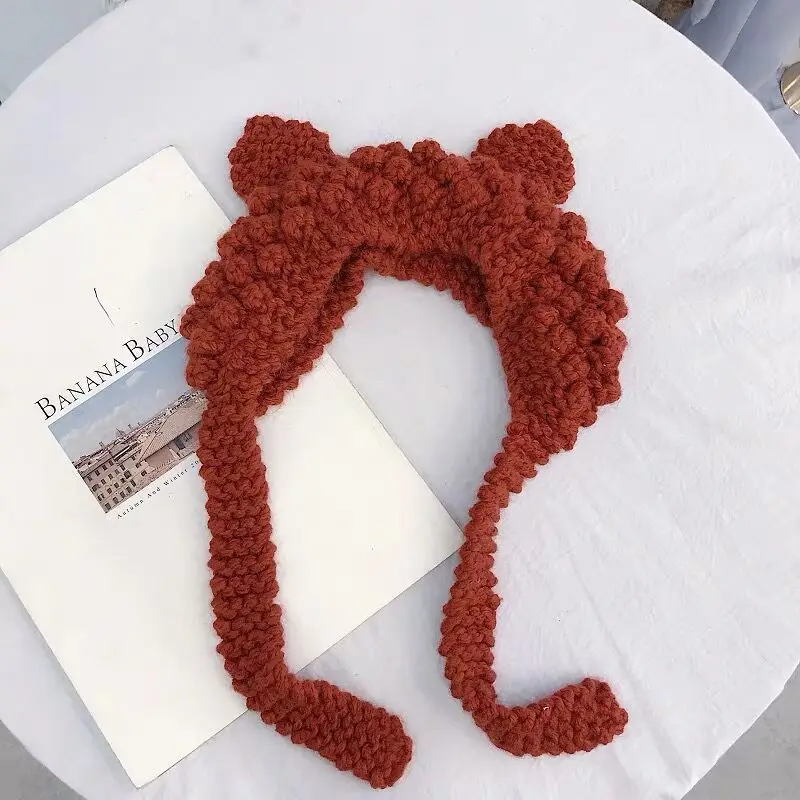 Red Осень-зима, Повседневные шапки, теплые Мультяшные кошачьи уши для детей, милые зимние вязаные шапки для женщин, одноцветные шапочки, грубые шерстяные шлемы - Цвет: Red