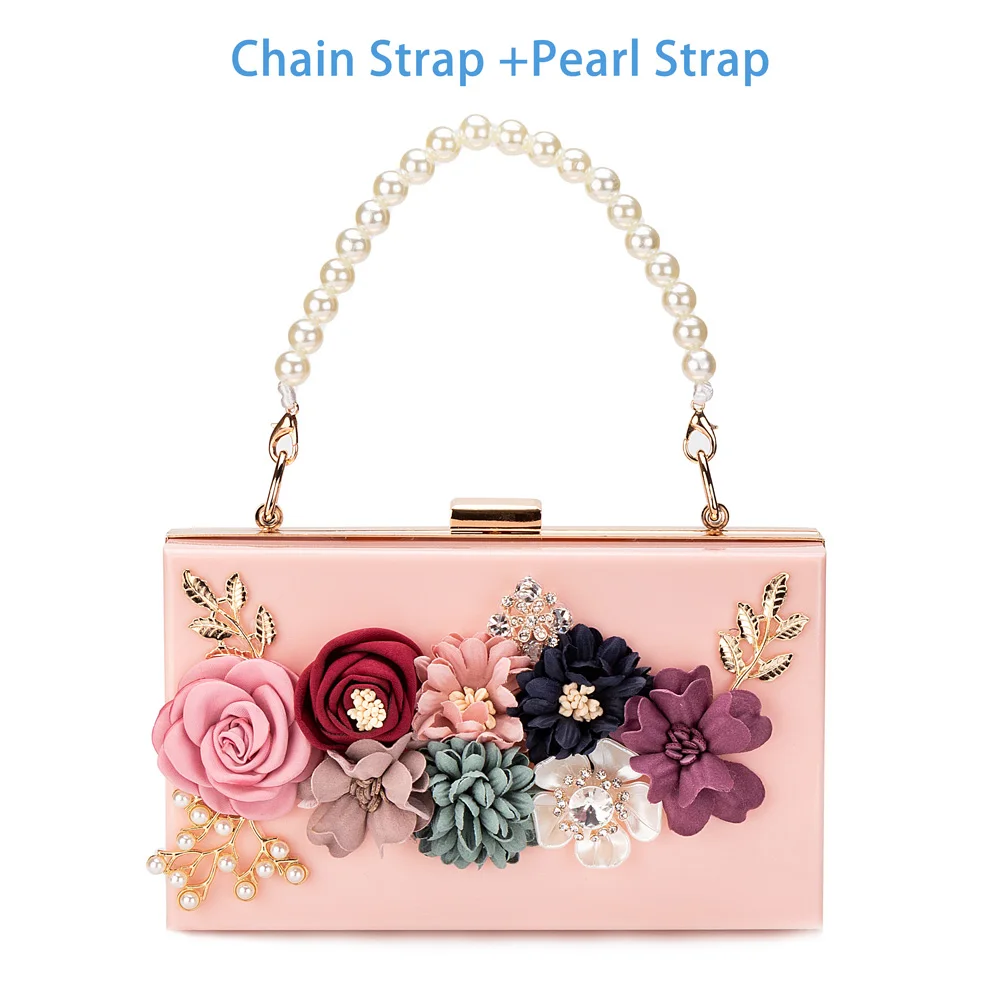 Pink Flower Purse Женский акриловый цветочный клатч, Сумочка через плечо, вечерние сумки, ремешок на цепочке для свадьбы, выпускного, банкета, идеальный подарок, Золотая рамка - Цвет: Pink Flower Purse