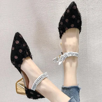 

2020 Women Fashion Spring & Summer Black Buckle Strap High Heel Shoes Lady Sweet Pointed Toe Shoes Pumps With Strap Square Heel