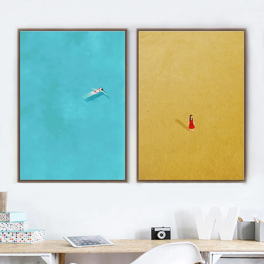 Cartoon Girl Swim Nordic Posters And Prints Wall Art Canvas Painting Blue Watercolor Pictures Kids Room Girls Decoratio | Дом и сад