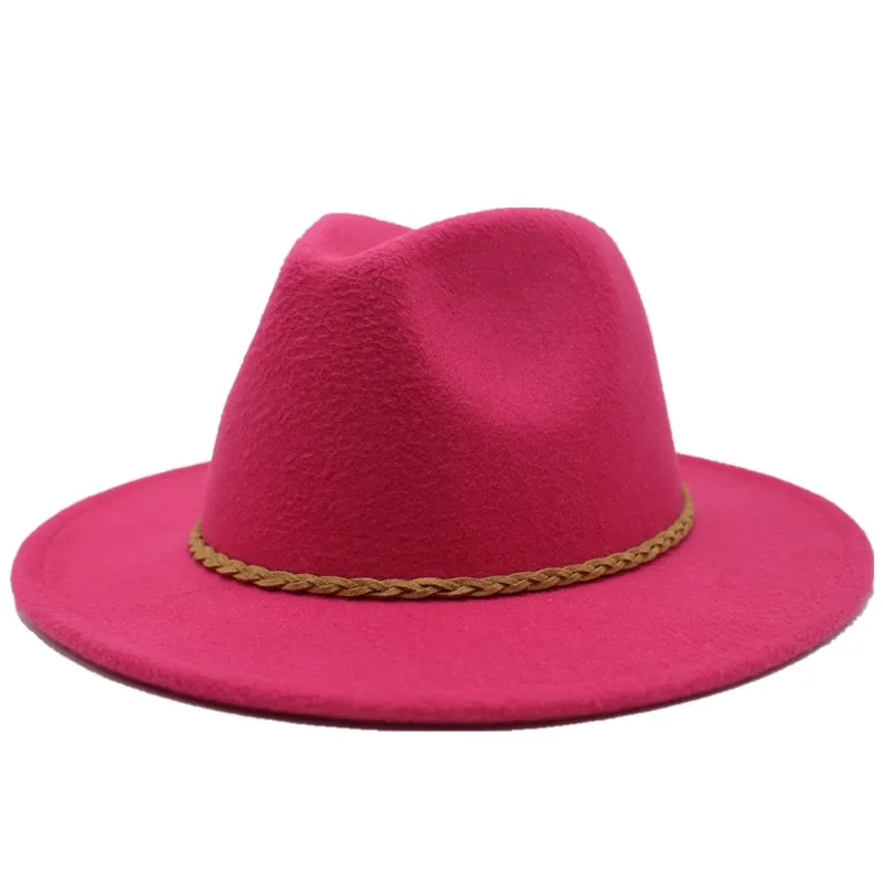 Seioum шерстяная шляпа Fedora с лентой джентльмен элегантный Леди Зима Осень широкий джазования с полями церкви Панама сомбреро - Цвет: Rose red