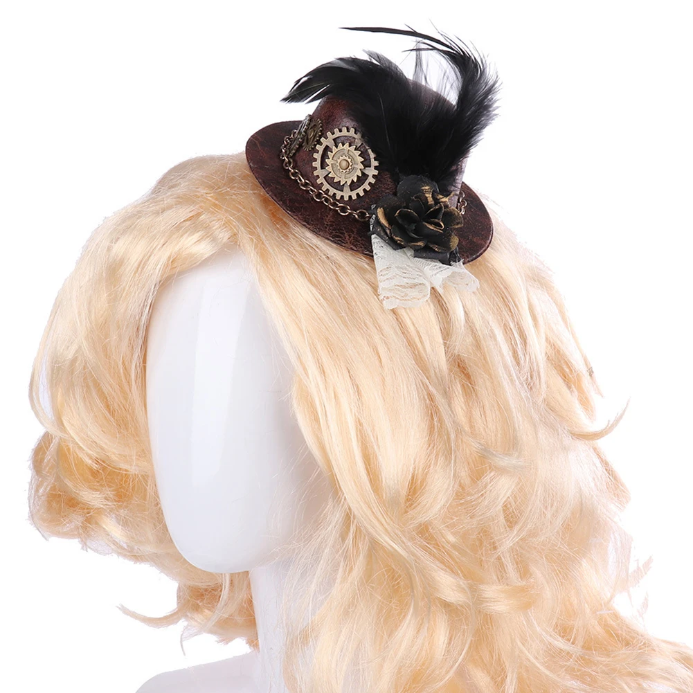 Для девочки, войлок, Косплэй вечерние шляпа СТИМ панк Шестерни зажим для волос перо мини-цилиндр для Для женщин Винтаж в готическом стиле, аксессуары в стиле стимпанка