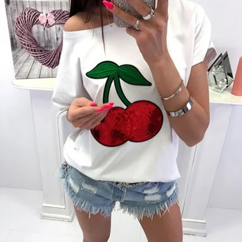 

1 Summer Sexy Off Shoulder Top T-shirt Women Short Sleeve Casual Tee Shirt Sequin Cherry Applique T-shirts Tops Shirt Femme