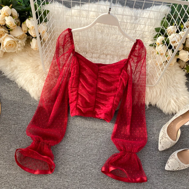 

New Summer Chic Sweet Polka Dot Print Mesh Long Flare Sleeve Pleated Slim Short Tops Women Square Neck Elegant Shirts and Blouse