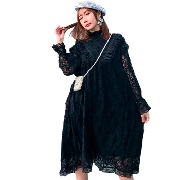 

QING MO Black White Women Lace Dress 2020 Spring Women Full Sleeve Ruffles Dress Female Turtleneck Slim Dress ZQY2662
