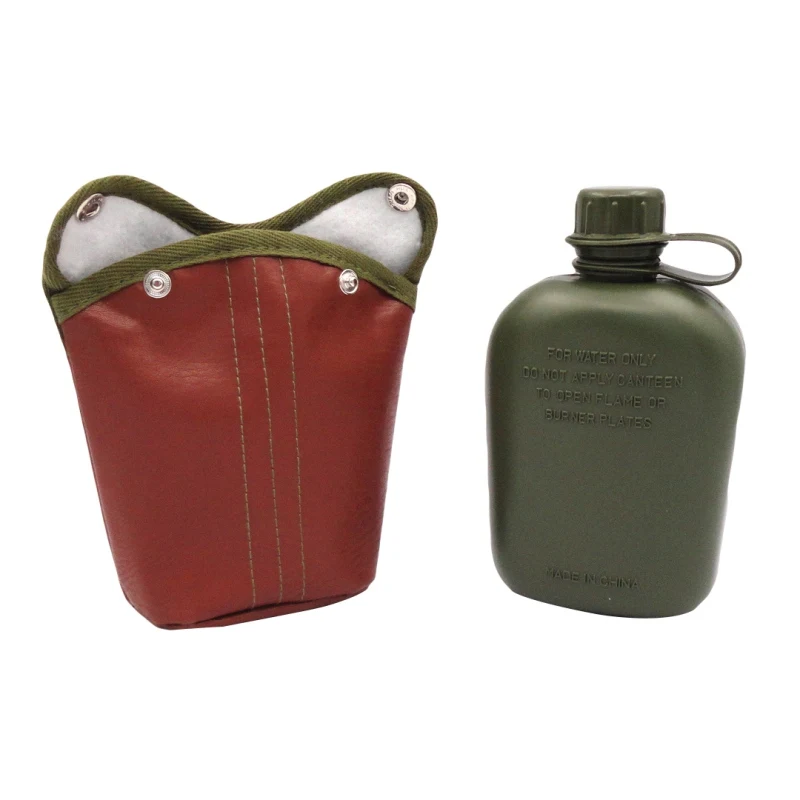 

1L Hunting Canteen Bottle Plastic Outdoor Sport Military Camping Hiking Survival Water Bottle Kettle With Leather Cover cap