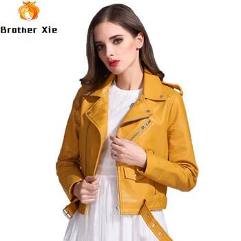 

2020 New Faux Soft Leather Jacket Coat Women Turn-down Collar Pu Leather Motorcycle Lady Short Zipper Pink Black Punk Coats