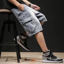 Модные мужские джинсовые шорты с карманами, однотонные свободные шорты из денима, повседневные джинсы длиной до колена, Masculino, большие размеры