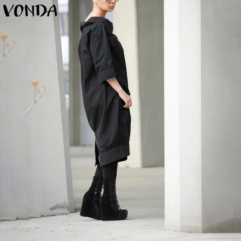 VONDA, летнее платье для вечеринки, женское платье с кукольным воротником, одноцветное, рукав 3/4, длина до колена, платья, свободное, с разрезом, на пуговицах, сарафан, 5XL