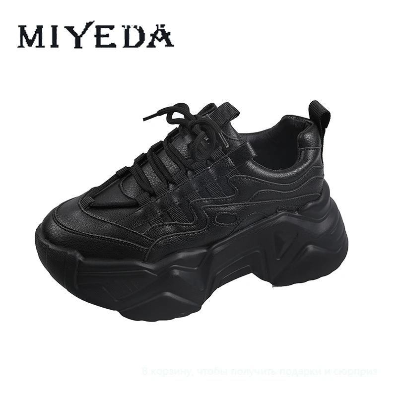 Platform Women Sneakers Heels Sport-Shoes Vulcanized Chunky White Lace-Up Black Casual