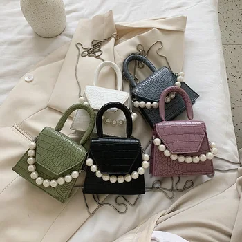 

Small Shoulder Bags For Women 2020 Retro Alligator Pattern Crossbody Bag Pearl Handle Travel Totes Female Mini Square Bags
