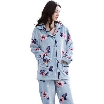 

NORMOV New Women Flannel Pajamas Thicken Long Sleeve Pocket Print Pajamas Set Female Turn-Down Collar Sweet Cute Plus Size Sets