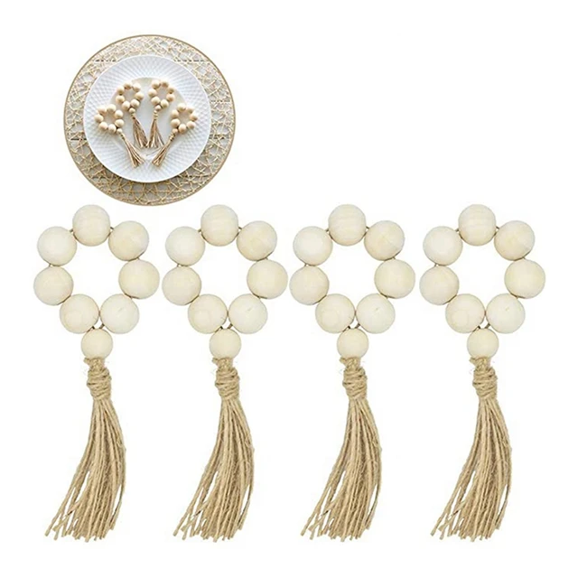 12Pcs Wood Bead Napkin Rings with Tassels Rustic Farmhouse Wood Beads Garland Wall Hanging Decor Weddings Home Decor 6