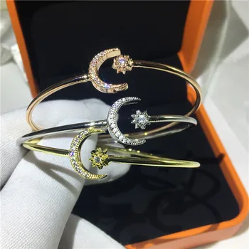 

Moon Star Bangle cuff 925 Sterling Silver Pave AAAAA Zircon stone Party Wedding Bracelets Bangles for women bridal Charm Jewelry