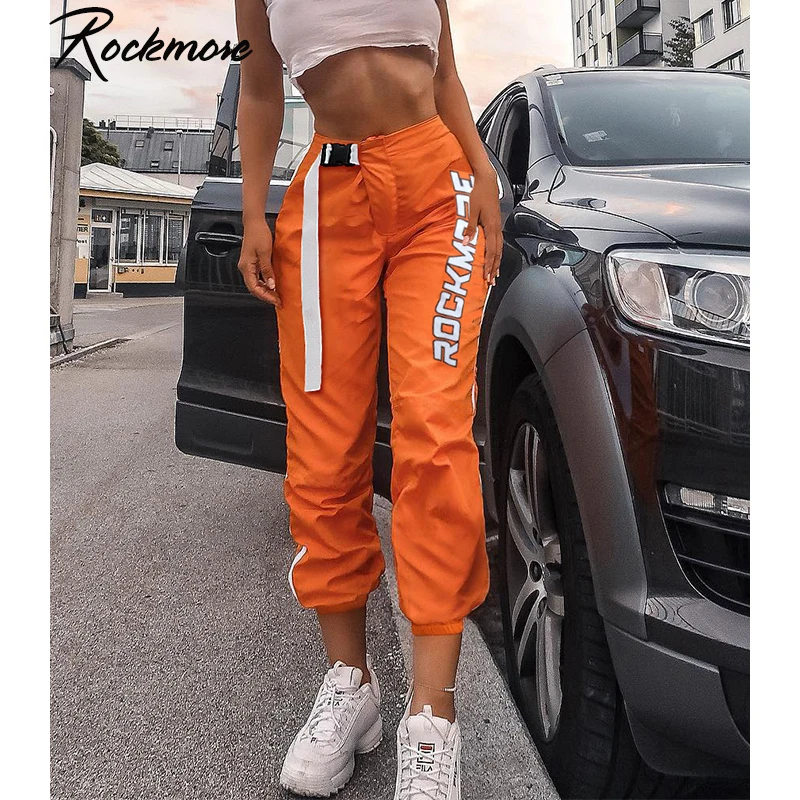 Rockmore уличная Женская карандаш брюки с пряжкой пояса размера плюс с буквенным принтом Высокая талия брюки широкие ноги пот брюки дамы