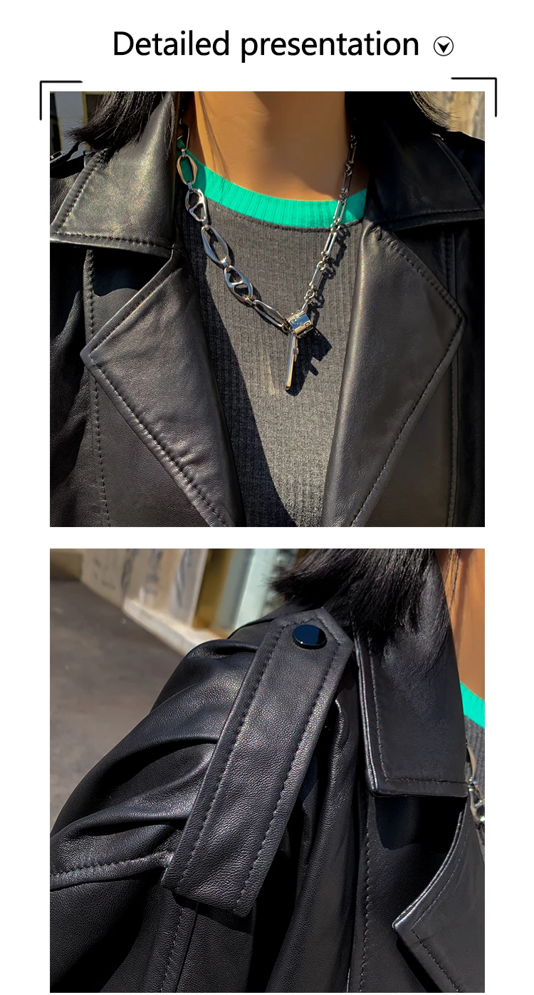 Genuine Leather Jacket Highstreet Notched Neck Drop Shoulder Bishop Sleeve Sheepskin Coat Women Autumn Winter Casual Outwear