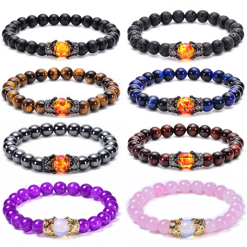 

2019 CZ Crown Bracelet Black Matte Agates Bracelet for Men Women Natural Tiger Eye Stone Beads Bracelets Charm Creative Jewelry