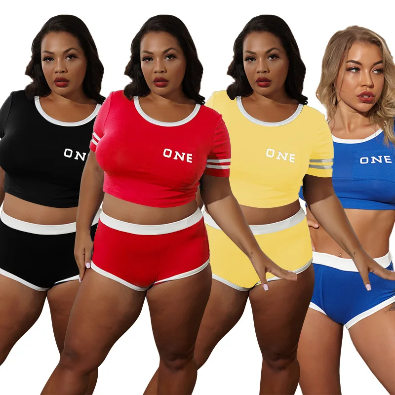 

European and American New Tight Letter Printing Solid Color Two-Piece Set Short-Sleeved T-shirt Shorts Suit Large Size Suit