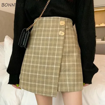 

Skirts Women Mini Irregular Button Plaid High Waist A-Line Korean Style Chic Elegant Slim Trendy All-match Streetwear Womens New