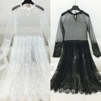 

Spring Autumn Sexy Perspective Mesh Dresses For Women Polka Dot High Waist O Neck Long Dress Women Lace Full Sleeve A Line Dress