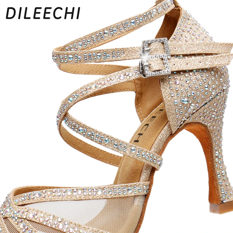 DILEECHI обувь для латинских танцев; золотые блестящие стразы с сеткой; женская обувь для бальных танцев; мягкая обувь для сальсы на высоком каблуке
