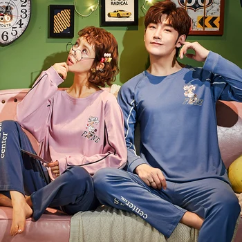 

2020 Cute Lover Night Suit Men & Women Cartoon Pajamas Set Thick Long Sleeve Couple Sleepwear Winter Pijamas Mujer M-3XL