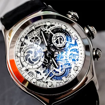 

Reef Tiger/RT Mens Sport Watches with Chronograph Skeleton Dial Date Three Counters Steel Watch RGA792