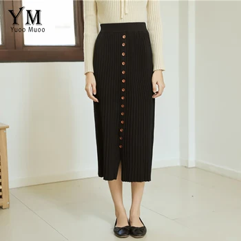 

YuooMuoo Women Black Vintage Midi Skirt 2019 Autumn High Waist Single Breasted Korean Style Women Skirt Fashion Pleated Skirt