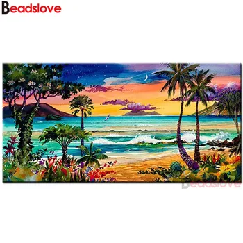

large Full square round Diamond Painting Sea Waves Coconut tree Diamond Embroidery Cross Stitch Diamond stones puzzle, artworks,