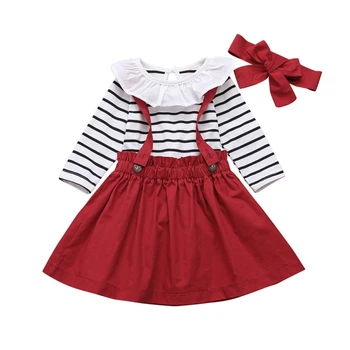 

0-24M Baby's Set Girls Cotton Ruffled Collar Striped Long Sleeved Bodysuit Solid Color Suspender Skirt Hair Band 3pcs/set
