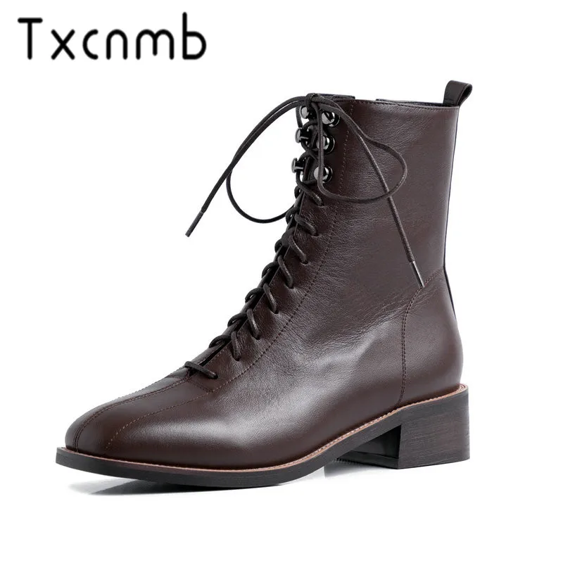 

TXCNMB Zipper Platform Winter Boots Women Genuine Leather Fashion Punk Shoes Lace Up White Black Ankle Boots for Ladies