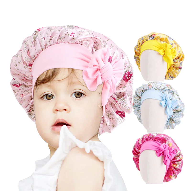Children Satin Bonnet Cap Night Sleep Hair Head Cover Wide Adjustable Band Hat 