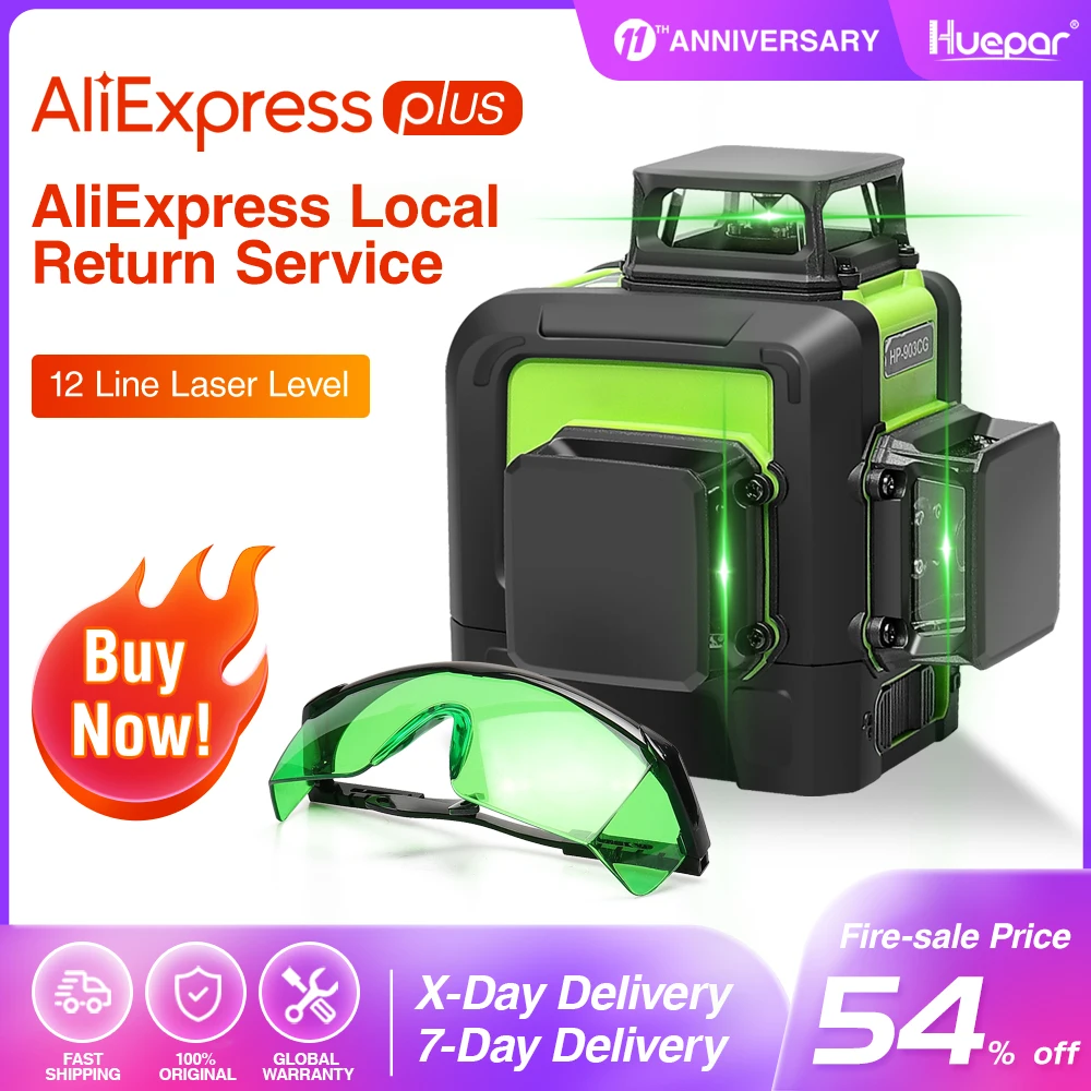 Huepar 12 Lines 3D Cross Line Laser Level Green Laser Beam Self-Leveling 360 Vertical & Horizontal Red Laser Enhancement Glasses