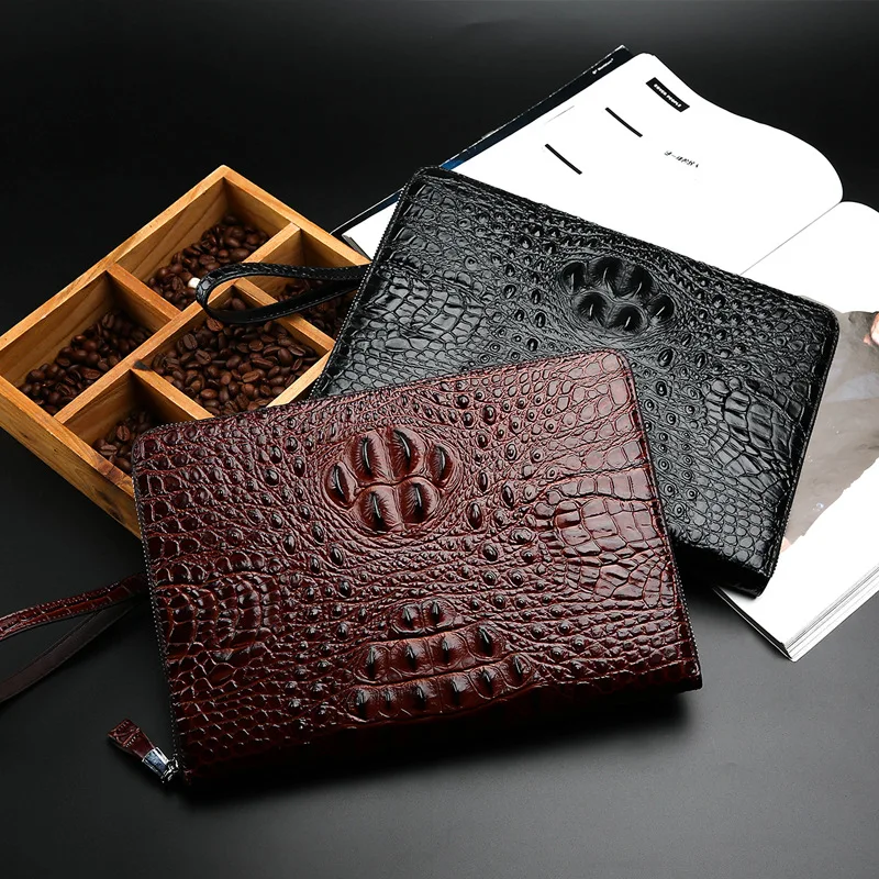 

New Style Men Genuine Leather Crocodile Pattern Single Zipper Handbag Multi-functional Mobile Phone Clutch Wechat Business Suppl