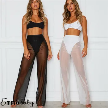 

Bikini Cover Up Women Mesh Pants See Through Wide Leg High Waist Trousers Beach Long Loose Mesh Sheer Pants Black White