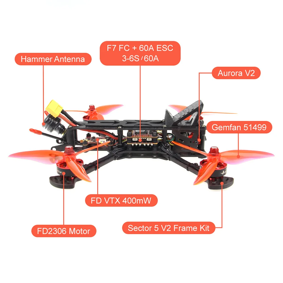 HGLRC Sector5 V2 226 мм FPV Racer Drone PNP/BNF w/F7 60A 4в1 ESC 2306 мотор 1600KV 6 S/2450KV 4S AURORA V2 FPV камера 1200TVL