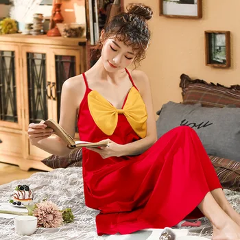

Nightgown Female Sexy Camisole Beauty Back Summer Ice Silk Fairy Wind Japanese-style Cute Solid Color Long over-the-Knee with Ch