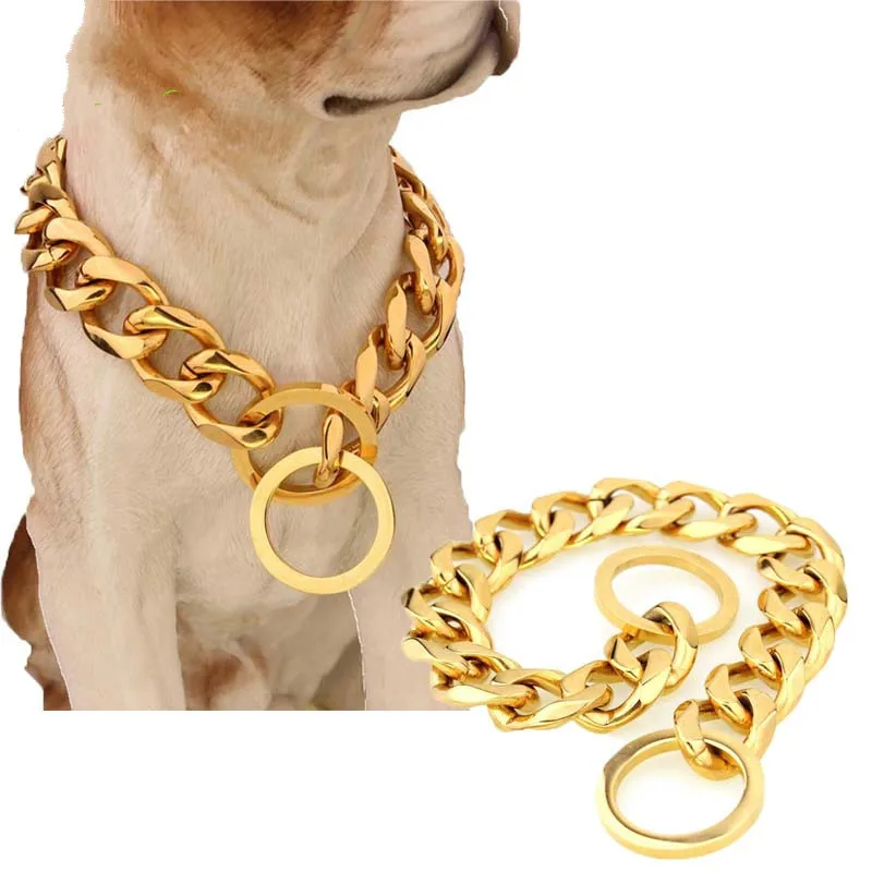 

19mm Durable Thickness Gold Stainless Dog Collars Metal Convenient Puppy Dog Chains Training Walking Chain Collars for Big dogs