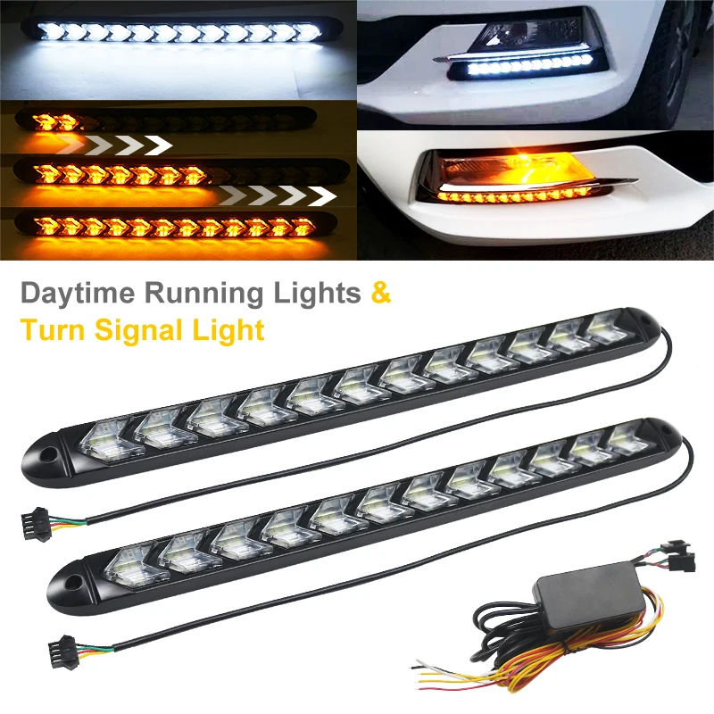 

2Pcs Car LED Flexible DRL Daytime Running Lights Turn Signal White/Amber Switchback Strip Light Headlight Guide Light