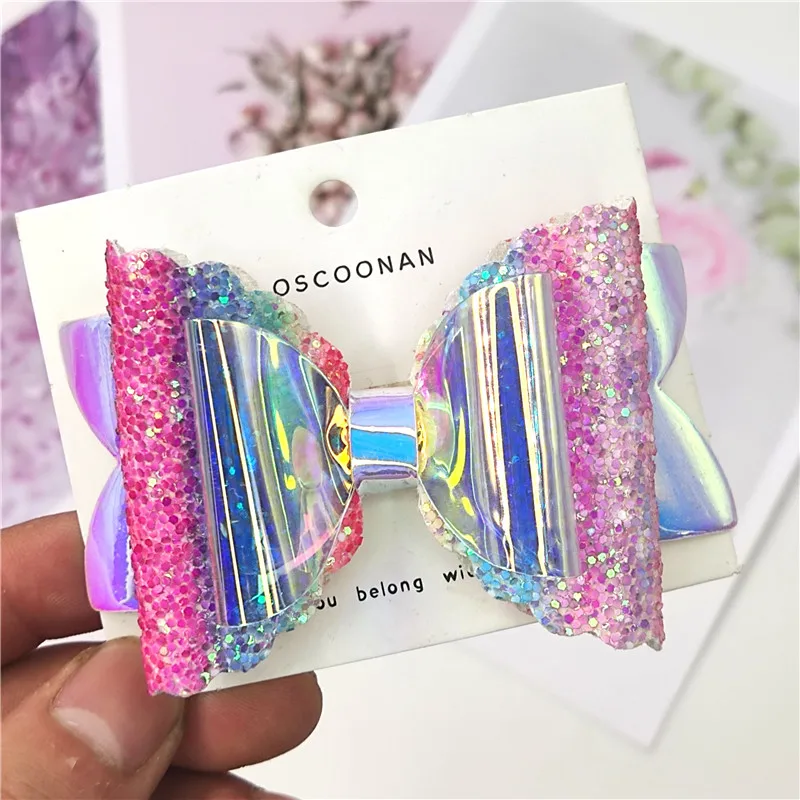 1PCS Lovely Rainbow Leather PVC Glitter Bow Barrettes Hairpins Clips Scrunchie Dance Party Korean Hair Accessories For Baby 1pcs men s leather reversible belt classic