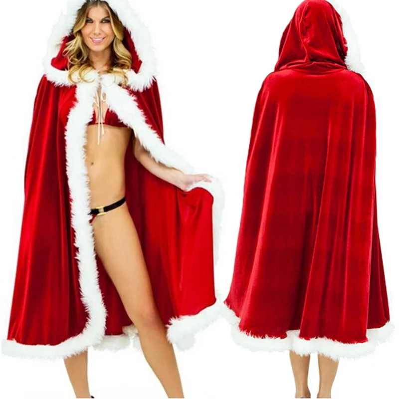 

4Size Red Velvet Hooded Cape Cloak Sexy Santa Cosplay Christmas Costumes Women Carnival Party Clubwear Winter Warm Overcoat