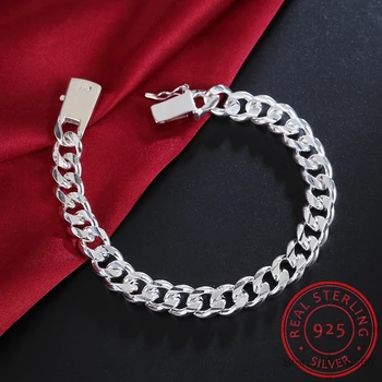 

925 sterling silver 10MM Square Buckle Nice Jewelry Men Bracelet 21CM Sideway Link Chain Bracelet Male Bangle Pulseiras de Prata