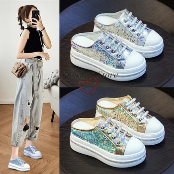 

Mule Lazy Sandals Red Thick Ban Tuo Xie Female Wild Outer Wear Semi-Baotou Muffin Rhinestone 2020 New