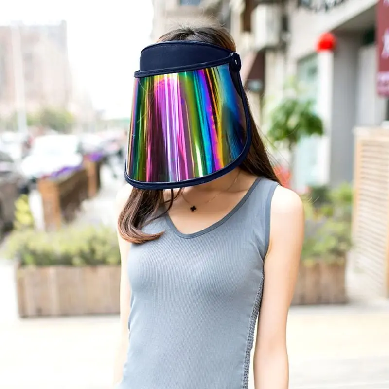 

Women Summer Empty Top Sun Visor Hat Rainbow Plastic Panel UV Protection Adjustable Angle Large Wide Brim Motorcycle Beach Cap
