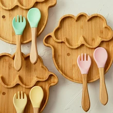 Assiette à dîner en bois ventouse en Silicone antidérapante cuillère fourchette étanche vaisselle d'alimentation pour bébé assiette d'alimentation pour bébé sans BPA 