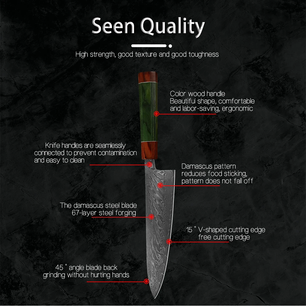 大马士革八角彩木柄方头8寸千羽纹厨师刀详情页_08
