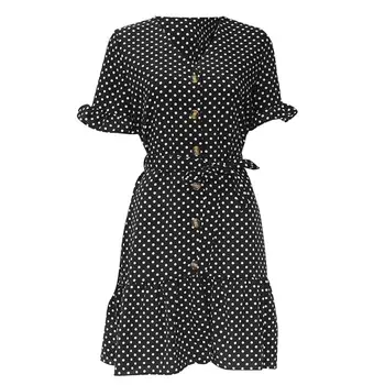 

Lady Polka Dot Print V Neck Ruffles Short Sleeve Button Sash A-Line Mini Dress